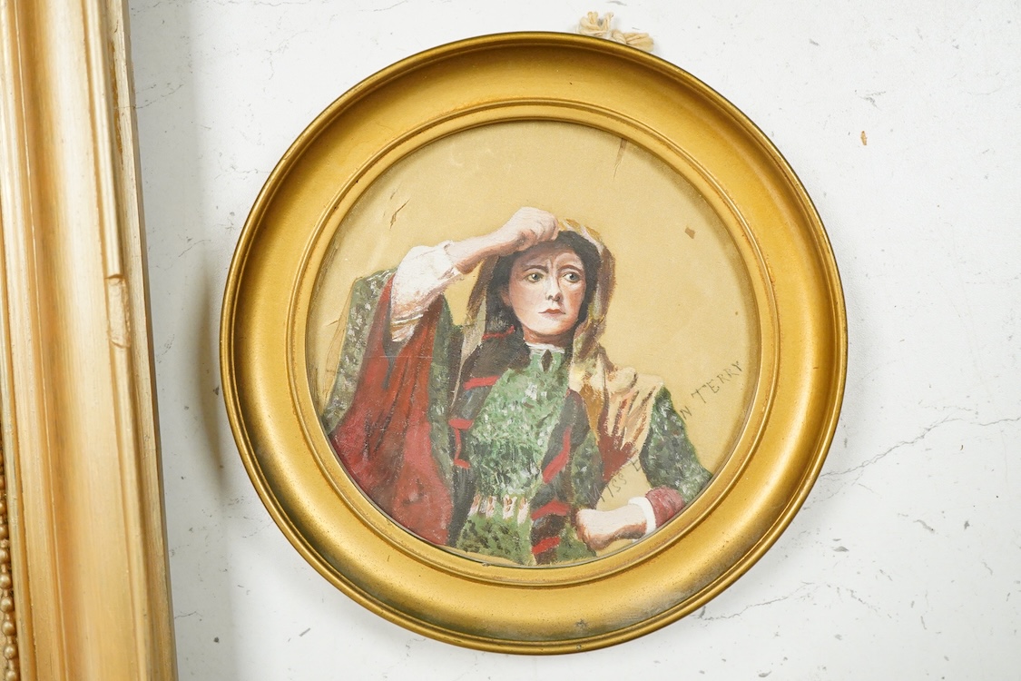 Victorian School, Portrait of a lady in mourning, oil on canvas, and 'Miss Ellen Terry', oil on silk, largest 27 x 21cm